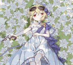 Rule 34 | 1girl, ahoge, bare shoulders, blonde hair, blue flower, blue nails, breasts, collarbone, commentary request, criss-cross halter, dress, eyewear on head, feet out of frame, flower, frilled dress, frills, gas-seal revolver, girls&#039; frontline, gun, hair between eyes, hair flower, hair ornament, halterneck, handgun, hat, highres, holding, holding gun, holding weapon, matsuo (matuonoie), mini hat, nagant m1895, nagant revolver (girls&#039; frontline), nail polish, name connection, object namesake, parted lips, red eyes, revolver, small breasts, solo, sunglasses, tilted headwear, weapon, white dress, white flower, white hat