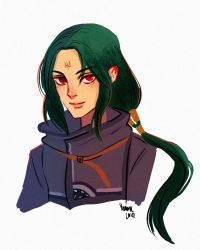 Rule 34 | 1boy, fire emblem, fire emblem: path of radiance, fire emblem: radiant dawn, green hair, highres, long hair, looking at viewer, male focus, nintendo, portrait, red eyes, simple background, smile, soren (fire emblem), tattoo, white background