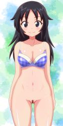 Rule 34 | 1girl, absurdres, black hair, blue bra, blue eyes, blush, bottomless, bra, breasts, censored, cleavage, cleft of venus, closed mouth, collarbone, freckles, girls und panzer, gluteal fold, gogopaint, highres, long hair, medium breasts, navel, pointless censoring, pussy, shiny skin, smile, solo, standing, underwear, yamagou ayumi