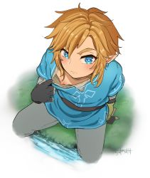 Rule 34 | 1boy, arm behind back, belt, black gloves, blonde hair, blue eyes, chisunosuke, closed mouth, clothes pull, cropped legs, earrings, eyebrows, fingerless gloves, from above, gloves, grey pants, highres, jewelry, link, looking at viewer, male focus, nintendo, nipples, pants, pointy ears, pulled by self, shirt pull, short sleeves, simple background, sitting, solo, spread legs, the legend of zelda, the legend of zelda: breath of the wild, water, white background