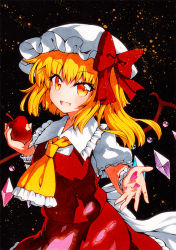 Rule 34 | 1girl, :d, apple, ascot, back bow, bad id, bad pixiv id, blonde hair, blush, bow, commentary request, crystal, dark background, falling petals, fang, flandre scarlet, food, frills, fruit, hand up, hat, hat bow, holding, holding food, holding fruit, light particles, looking at viewer, mob cap, one side up, open mouth, orange eyes, petals, puffy short sleeves, puffy sleeves, qqqrinkappp, reaching, reaching towards viewer, red bow, red skirt, red vest, shirt, short hair, short sleeves, simple background, skin fang, skirt, skirt set, smile, solo, touhou, traditional media, upper body, vest, white bow, white hat, white shirt, wings, wrist cuffs, yellow ascot