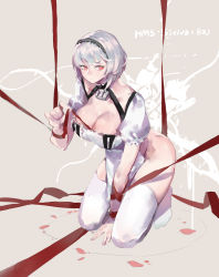 1girl absurdres azur_lane between_legs breasts character_name cleavage dress full_body hairband hand_between_legs highres kneeling large_breasts looking_at_viewer narakuuu pelvic_curtain petals red_eyes ribbon short_hair short_sleeves silver_hair sirius_(azur_lane) solo thighhighs thighs white_thighhighs