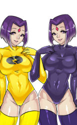 Rule 34 | 2girls, alternate costume, animification, bob cut, bodysuit, breasts, collarbone, colored skin, covered navel, cowboy shot, dc comics, dual persona, emblem, facial mark, forehead jewel, forehead mark, gloves, grey skin, grin, groin, hand on own chest, highleg, highleg leotard, lady legasus, large breasts, leotard, lightning bolt symbol, lips, locked arms, looking at viewer, multiple girls, parted bangs, purple eyes, purple hair, purple legwear, raven (dc), short hair, simple background, skin tight, smile, superhero costume, symmetry, taut clothes, teen titans, thighhighs, thighs, turtleneck, white background, yellow legwear, zxc