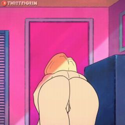 Rule 34 | 1girl, android 18, animated, animated gif, artist name, ass, back, black panties, blonde hair, blue eyes, bouncing breasts, breasts, dragon ball, dragonball z, dressing, earrings, from behind, heart, indoors, jewelry, looking at viewer, looking back, nipples, no bra, panties, patreon username, pussy, short hair, solo, solo focus, star (symbol), topless, twistedgrim, underwear