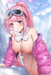 Rule 34 | 1girl, :o, all fours, blue archive, blush, breasts, breath, down jacket, dudunia, eimi (blue archive), eimi (swimsuit) (blue archive), glacier, goggles, goggles on head, halo, highres, jacket, large breasts, long hair, looking at viewer, nipples, nude, official alternate costume, open clothes, open jacket, padded jacket, pink eyes, pink hair, pink halo, pink jacket, ponytail, scarf, ski goggles, solo, thighs, wet, white scarf