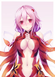Rule 34 | 10s, 1girl, bad id, bad pixiv id, bare shoulders, blush, breasts, center opening, cleavage, elbow gloves, fingerless gloves, gloves, guilty crown, hair ornament, highres, large breasts, long hair, looking at viewer, navel, pen (steelleets), red eyes, simple background, solo, white background, yuzuriha inori