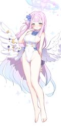 Rule 34 | 1girl, angel wings, blue archive, blue bow, blue bowtie, bow, bowtie, breasts, commentary, covered navel, flower, hair bun, hair flower, hair ornament, hair scrunchie, halo, highres, leotard, long hair, looking at viewer, low wings, medium breasts, mika (blue archive), nemo (leafnight), pink hair, scrunchie, sideboob, single hair bun, smile, solo, symbol-only commentary, white leotard, white wings, wing ornament, wings, wrist scrunchie, yellow eyes