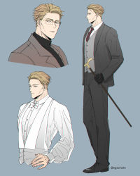 Rule 34 | 1boy, absurdres, black gloves, black suit, black sweater, blonde hair, blue background, bow, bowtie, cane, commentary request, ega (egavinote), expressionless, formal, full body, glasses, gloves, highres, holding, holding cane, jujutsu kaisen, korean commentary, long sleeves, looking at viewer, male focus, nanami kento, necktie, puffy long sleeves, puffy sleeves, red necktie, shirt, short hair, suit, sweater, turtleneck, undercut, upper body, white bow, white bowtie, white shirt