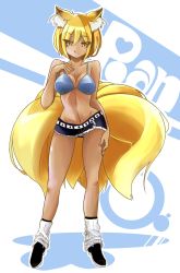 Rule 34 | 1girl, animal ears, belt, bikini, bikini top only, blonde hair, breasts, character name, clothes lift, collarbone, contemporary, contrapposto, dark-skinned female, dark skin, denim, denim skirt, eyelashes, fingernails, fox ears, fox tail, full body, goku (acoloredpencil), gokuu (acoloredpencil), groin, hand on own chest, hand on thigh, heart, highres, large breasts, leg warmers, licking lips, looking at viewer, loose socks, microskirt, multiple tails, nail polish, panties, pantyshot, short hair, skirt, skirt lift, slit pupils, socks, solo, standing, swimsuit, tail, tan, tongue, tongue out, touhou, underwear, upskirt, yakumo ran, yellow eyes