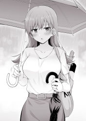 Rule 34 | :o, alternate costume, bag, belt, blush, breasts, collarbone, cowboy shot, greyscale, highres, holding, holding umbrella, jewelry, kantai collection, large breasts, long hair, monochrome, ooi (kancolle), ring, rui shi (rayze ray), shirt, shopping bag, short sleeves, skirt, solo, spring onion, torpedo, umbrella, wedding band