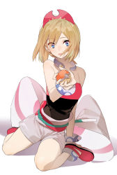 Rule 34 | 1girl, anklet, blonde hair, blue eyes, blush, bracelet, collar, commentary request, creatures (company), eyelashes, game freak, grey shorts, hand up, hat, highres, holding, holding poke ball, irida (pokemon), jewelry, looking at viewer, medium hair, neck ring, neee-t, nintendo, open mouth, poke ball, poke ball (legends), pokemon, pokemon legends: arceus, red footwear, red hat, red shirt, sash, shirt, shoes, shorts, smile, solo, strapless, strapless shirt