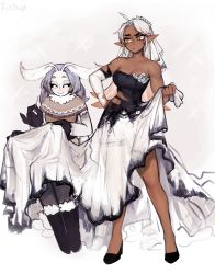 Rule 34 | 2girls, :&gt;, absurdres, ahoge, animal hands, antennae, arthropod girl, artist name, bare shoulders, black footwear, black sclera, boots, breasts, bridal veil, capelet, collarbone, colored sclera, commentary, dark-skinned female, dark elf, dark skin, dress, elbow gloves, elf, english commentary, frown, fur-trimmed boots, fur collar, fur trim, gloves, gradient hair, hand on own hip, highres, insect girl, matilda fiship, medium breasts, monster girl, moth girl, mother lumi (matilda fiship), multicolored hair, multiple girls, muscular, muscular female, needle, no pupils, olivia (matilda fiship), original, pointy ears, sewing, simple background, sitting, sparkle, spread legs, torn clothes, torn dress, torn gloves, veil, wedding dress, white eyes, white hair, yellow eyes