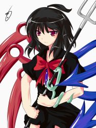 Rule 34 | 1girl, ahoge, alphes (style), black hair, bow, female focus, highres, houjuu nue, mozya, parody, polearm, red eyes, ribbon, snake, solo, spear, style parody, touhou, trident, weapon, wings