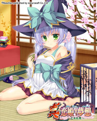 Rule 34 | 1girl, barefoot, bikuto ryuu, blue hair, blue hat, blue jacket, bow, dress, food, green eyes, hat, hat ribbon, highres, houtou, indoors, jacket, koihime musou, lantern, long hair, off shoulder, open clothes, open jacket, ribbon, sitting, smile, solo, twintails, white dress, witch hat