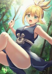 Rule 34 | 1girl, bare legs, blonde hair, blue dress, blush, collarbone, day, dr. stone, dress, forest, green eyes, hair between eyes, kohaku (dr. stone), looking at viewer, nanase (nns 6077), nature, open mouth, outdoors, sleeveless, sleeveless dress, solo