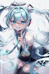 Rule 34 | 1girl, absurdres, blue eyes, blue hair, character name, collared shirt, dated, detached sleeves, grin, hatsune miku, headphones, headset, highres, long hair, long sleeves, miniskirt, mu (mom 0303), nail polish, necktie, shirt, skirt, sleeveless, sleeveless shirt, smile, solo, thighhighs, tiara, twintails, v, very long hair, vocaloid
