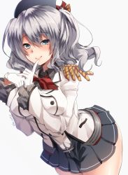 Rule 34 | 10s, 1girl, beret, blue eyes, blush, breasts, epaulettes, female focus, finger to mouth, gloves, hat, highres, kantai collection, kashima (kancolle), keita (tundereyuina), large breasts, long hair, looking at viewer, military, military uniform, sidelocks, silver hair, skirt, smile, solo, twintails, twitter username, uniform, wavy hair, white gloves