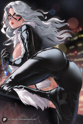 Rule 34 | 1girl, ass, black bodysuit, black cat (marvel), blue eyes, blush, bodysuit, breasts, domino mask, enma (enmanuelart), highres, large breasts, long hair, looking at viewer, looking back, marvel, mask, parted bangs, parted lips, smile, solo, spider-man (series), white hair