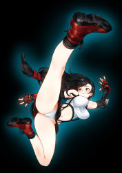Rule 34 | 1girl, absurdres, armor, ass, bad id, bad pixiv id, bare shoulders, black background, black hair, black skirt, black socks, boots, breasts, closed mouth, commentary request, earrings, elbow pads, final fantasy, final fantasy vii, fingernails, full body, gloves, gradient background, highres, jewelry, kicking, lips, long hair, low-tied long hair, miniskirt, navel, panties, red eyes, shiny skin, skirt, sleeveless, smile, socks, solo, square enix, stomach, suspender skirt, suspenders, tabobox, tank top, thighs, tifa lockhart, underwear, white panties