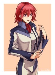 Rule 34 | 10s, 1girl, blue eyes, breasts, canon memphis, invisible object, jacket, large breasts, long sleeves, machi fuka, open mouth, pants, red hair, short hair, signature, solo, soukyuu no fafner, tablet pc, typing, uniform