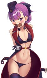 Rule 34 | 1girl, absurdres, arms behind back, bare shoulders, bdsm, bikini, black bikini, black bow, black gloves, black hat, black thighhighs, blush, bondage, bound, bow, buckle, collarbone, covered mouth, cowboy shot, fate/grand order, fate (series), flat chest, gag, gagged, garrison cap, gloves, hair bow, hat, helena blavatsky (fate), helena blavatsky (swimsuit archer) (fate), helena blavatsky (swimsuit archer) (third ascension) (fate), highres, improvised gag, kaddo, navel, open clothes, ponytail, purple eyes, purple hair, short hair, simple background, solo, stomach, string bikini, swimsuit, tape, tape gag, tears, thigh gap, thighhighs, transparent background, v-shaped eyebrows, venus symbol, white background