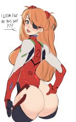 Rule 34 | 1girl, ass, ass cutout, ass grab, blue eyes, blush, bodysuit, breasts, clothing cutout, curvy, english text, evangelion: 3.0 you can (not) redo, eyepatch, grabbing own ass, hand on own ass, highleg, highleg leotard, highres, huge ass, kamii momoru, large breasts, legs, leotard, lips, lipstick, long hair, looking at viewer, looking back, makeup, neon genesis evangelion, official alternate costume, orange hair, parted lips, plugsuit, rebuild of evangelion, red leotard, revealing clothes, sideboob, simple background, smile, solo, souryuu asuka langley, speech bubble, thick thighs, thighs, thong, thong leotard, twintails, very long hair, wide hips