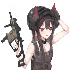 Rule 34 | 1girl, arm up, bangosu, bare arms, bare shoulders, black gloves, brown hair, collarbone, commentary request, curled horns, demon horns, fingernails, gloves, gun, hair between eyes, holding, holding gun, holding weapon, horns, kriss vector, long hair, looking away, mask, mask on head, open mouth, playerunknown&#039;s battlegrounds, red eyes, round teeth, simple background, single glove, solo, submachine gun, teeth, trigger discipline, upper body, upper teeth only, v-shaped eyebrows, very long hair, vgaming, virtual youtuber, weapon, white background, yoruno yui