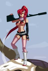 Rule 34 | 00s, 1girl, anti-materiel rifle, belt, bikini, bikini top only, boots, breasts, elbow gloves, female focus, fingerless gloves, flame print, full body, gloves, gradient background, gun, hair ornament, hair stick, large breasts, long hair, mecha, morganagod, outdoors, over shoulder, pink thighhighs, red hair, rifle, robot, scarf, short shorts, shorts, single elbow glove, skull hair ornament, sky, smile, sniper rifle, solo, swimsuit, tengen toppa gurren lagann, thighhighs, underboob, weapon, weapon over shoulder, yellow eyes, yoko littner