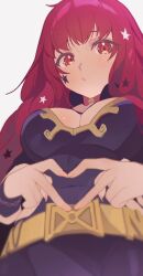 1girl 4-finger_heart_hands belt black_cape bodysuit breasts cape choker cleavage clothing_cutout facial_mark fire_emblem fire_emblem_engage gbbgb321 hair_ornament heart heart_hands highres long_hair nintendo red_eyes red_hair solo star_(symbol) star_facial_mark star_hair_ornament yunaka_(fire_emblem)