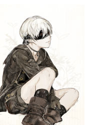 Rule 34 | 1boy, black legwear, blindfold, boots, brown footwear, brown gloves, choker, covered eyes, from side, gloves, highres, hiranko, jacket, long sleeves, male focus, nier:automata, nier (series), parted lips, short hair, shorts, sitting, solo, white hair, 9s (nier:automata)