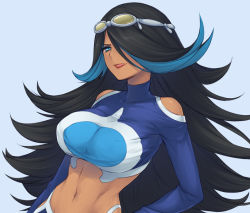 Rule 34 | 10s, 1girl, bare shoulders, black hair, blue eyes, blue hair, breasts, creatures (company), female focus, game freak, goggles, hair over one eye, image sample, large breasts, long hair, looking at viewer, midriff, multicolored hair, navel, nintendo, perky breasts, pixiv sample, pokemon, pokemon oras, shelly (pokemon), shelly (pokemon oras), smile, solo, team aqua, utsugi (skydream)