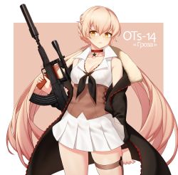 Rule 34 | 1girl, assault rifle, bad id, bad pixiv id, bare shoulders, black coat, black ribbon, blonde hair, blush, braid, breasts, bullpup, character name, choker, cleavage, closed eyes, coat, commentary, contrapposto, corset, cowboy shot, fur-trimmed coat, fur trim, girls&#039; frontline, gun, hair between eyes, highres, holding, holding gun, holding weapon, long hair, long sleeves, looking at viewer, low twintails, medium breasts, miniskirt, narynn, off shoulder, ots-14 (girls&#039; frontline), ots-14 groza, parted lips, pink background, pleated skirt, red choker, ribbon, rifle, scope, side braid, skirt, sniper rifle, solo, star (symbol), suppressor, thigh strap, trigger discipline, twintails, two-tone background, unzipped, very long hair, weapon, white skirt, zipper
