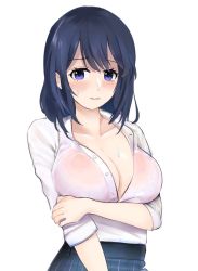 Rule 34 | 10s, 1girl, black hair, blue eyes, blue hair, blush, bra, breast hold, breasts, cleavage, collarbone, female focus, highres, koi to uso, large breasts, looking at viewer, red bra, see-through, shirt, simple background, skirt, solo, standing, sweat, takasaki misaki (koi to uso), underwear, upper body, white background, white shirt, yoico