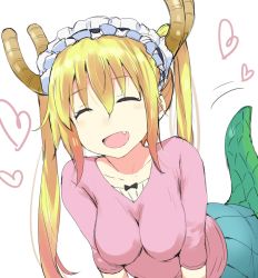 Rule 34 | 10s, 1girl, :d, ^ ^, black ribbon, blonde hair, blue skirt, blush stickers, breast press, breasts, casual, closed eyes, collarbone, dragon girl, dragon horns, dragon tail, eyelashes, closed eyes, facing viewer, fang, frilled hairband, frills, gedou (ge ge gedou), hair between eyes, hairband, happy, heart, horns, kobayashi-san chi no maidragon, large breasts, large tail, leaning forward, long hair, long sleeves, maid headdress, no nose, open mouth, pink shirt, pleated skirt, ribbon, shirt, simple background, sketch, skirt, smile, solo, tail, tail wagging, tohru (maidragon), twintails, upper body, white background, |d
