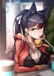 Rule 34 | 1girl, alternate costume, animal ears, atago (azur lane), azur lane, black hair, black vest, blush, breast rest, breasts, brown eyes, casual, chair, cleavage, collarbone, cup, day, drinking, drinking straw, earrings, elbow rest, extra ears, hair ribbon, head on hand, head rest, highres, hood, hoodie, indoors, jewelry, large breasts, long hair, looking at viewer, mappaninatta, mole, mole under eye, open clothes, open hoodie, partially unbuttoned, revision, ribbon, shirt, signature, sitting, solo, swept bangs, tray, tsurime, vest, white ribbon, white shirt, window