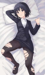 Rule 34 | 1girl, amagami, bed sheet, black eyes, black hair, black panties, black pantyhose, black skirt, botan m, closed mouth, collared shirt, feet, formal, from above, gluteal fold, highres, long sleeves, looking at viewer, lying, miniskirt, nanasaki ai, on back, panties, pantyhose, pencil skirt, pillow, shirt, short hair, skirt, solo, spread legs, suit, thighs, torn clothes, torn pantyhose, underwear, white shirt