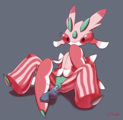 Rule 34 | 1girl, 8-tomb, antennae, artist name, creatures (company), feet, full body, game freak, gen 7 pokemon, grey background, happy, hetero, highres, arthropod girl, lurantis, monster, monster girl, navel, nintendo, no humans, no mouth, penis, pinstripe pattern, pokemon, pokemon (creature), pussy, pussy juice, red eyes, sex, signature, simple background, sitting, solo, spread legs, striped, text focus, uncensored, vaginal