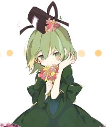 Rule 34 | 1girl, back bow, bad id, bad pixiv id, blush, bouquet, bow, dress, flower, green bow, green dress, green eyes, green hair, hair flower, hair ornament, hand up, hat, hatsushiro mamimu, highres, holding, holding bouquet, looking at viewer, short hair, soga no tojiko, solo, tate eboshi, touhou, upper body, white background, wide sleeves