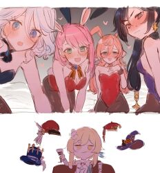 Rule 34 | 5girls, animal ears, antlers, black hair, blonde hair, blue hair, blush, breasts, charlotte (genshin impact), cleavage, closed mouth, cup, dress, fake tail, furina (genshin impact), genshin impact, hat, heart, holding, holding cup, horns, leotard, long hair, lumine (genshin impact), medium breasts, mona (genshin impact), monocle, multiple girls, nose blush, open mouth, pantyhose, pink hair, playboy bunny, rabbit ears, sbs, sitting, small breasts, sweat, tail, twintails, unworn hat, unworn headwear, white hair, yanfei (genshin impact)