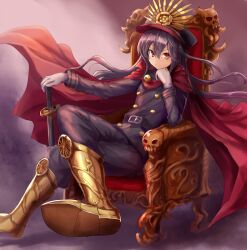 Rule 34 | 1girl, black hair, black hat, black pants, black shirt, boots, cape, closed mouth, crossed legs, fate/grand order, fate (series), full body, gloves, hand on hilt, hand on own face, hat, long hair, long sleeves, looking at viewer, military hat, oda nobunaga (fate), oda nobunaga (koha-ace), oda uri, pants, peaked cap, red cape, red eyes, shirt, sitting, solo, sumapan, throne, v-shaped eyebrows, white gloves