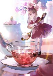 Rule 34 | 1girl, black footwear, blonde hair, bow, commentary, cup, dress, frilled dress, frills, fuzichoco, gloves, hair bow, highres, holding, holding spoon, long hair, looking at viewer, mary janes, mini person, minigirl, original, pantyhose, red dress, red eyes, shoes, smile, solo, spoon, sugar cube, tea, teacup, teapot, white gloves, white pantyhose