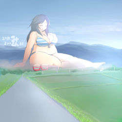 Rule 34 | 1girl, bikini, black hair, breast suppress, breasts, cleavage, closed eyes, day, female focus, field, giant, giantess, glasses, large breasts, long hair, mikomu, mountain, open mouth, original, plump, red-framed eyewear, road, sitting, smoke, solo, striped bikini, striped clothes, swimsuit, thick thighs, thighs, unworn eyewear