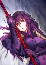 Rule 34 | 1girl, aliesta, bodysuit, breasts, fate/grand order, fate (series), gae bolg (fate), holding, holding weapon, large breasts, long hair, polearm, purple bodysuit, purple hair, red eyes, scathach (fate), scathach (fate), solo, spear, veil, weapon
