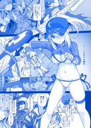 Rule 34 | 1boy, 1girl, ahoge, artoria pendragon (fate), baseball cap, bikini, blue eyes, blue theme, blush, breasts, character request, comic, commentary request, fate (series), fujimaru ritsuka (male), hair between eyes, hair through headwear, hat, holding, holding weapon, in water, jacket, large breasts, long hair, looking at viewer, mecha, monochrome, mysterious heroine x (fate), mysterious heroine xx (fate), navel, nude, pointy ears, ponytail, robot, shiseki hirame, short hair, side-tie bikini bottom, single thighhigh, solo focus, swimsuit, thighhighs, translation request, wading, water, weapon, white bikini