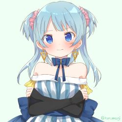 Rule 34 | 1girl, bare shoulders, blue eyes, blue hair, blunt bangs, choker, detached sleeves, dress, earrings, jewelry, light blue hair, looking at viewer, magia record: mahou shoujo madoka magica gaiden, magical girl, mahou shoujo madoka magica, minami rena, off-shoulder dress, off shoulder, ribbon, ruru (rurumagi), solo, twintails