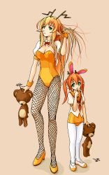 Rule 34 | 2girls, analoguma, animal ears, antennae, bear, blonde hair, bow, bowtie, breasts, chidejika, child, cleavage, fake animal ears, finger to mouth, fishnet pantyhose, fishnets, green eyes, high heels, japan commercial broadcasters association, large breasts, leotard, long hair, mary janes, mascot, multiple girls, no pants, old school swimsuit, one-piece swimsuit, orange hair, pantyhose, pantyhose under swimsuit, pixel art, playboy bunny, playboy bunny swimsuit, pointy ears, rabbit ears, school swimsuit, school uniform, serafuku, shoes, simple background, stuffed animal, stuffed toy, swimsuit, swimsuit under clothes, teddy bear, twintails, uwabaki, white pantyhose, wrist cuffs, yuuki (silent moon)