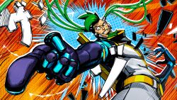 Rule 34 | absurdres, belt, cable, game cg, green hair, hi-fi rush, highres, jojo pose, mechanical arms, multicolored background, non-web source, scientist, spoilers, zanzo (hi-fi rush)