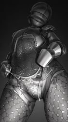 Rule 34 | 1girl, absurdres, armor, bad id, bad twitter id, female knight, flat chest, from below, full armor, gauntlets, greyscale, helmet, highres, knight, monochrome, simple background, thighs, wass nonnam