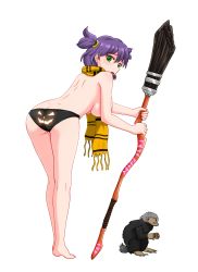 Rule 34 | 1girl, animal, ass, bare legs, barefoot, black panties, breasts, broom, commentary, english commentary, everlasting summer, from behind, full body, green eyes, highres, huyase, large breasts, leaning forward, looking at viewer, looking back, open mouth, panties, patreon username, purple hair, scarf, short hair, shoulder blades, simple background, solo, standing, topless, two side up, underwear, underwear only, unyl-chan, white background, yellow scarf