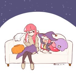 Rule 34 | 2girls, alternate hairstyle, amamiya yuumu, bad id, bad pixiv id, black legwear, blazer, blunt bangs, blush, closed eyes, couch, dress, dress shirt, drill hair, hat, inkling, inkling girl, inkling player character, jacket, long hair, looking at another, miniskirt, multiple girls, necktie, nintendo, open mouth, pantyhose, pillow, pink eyes, pink hair, pleated skirt, pointy ears, sandals, sewing, shirt, sitting, skirt, smile, splatoon (series), splatoon 1, squid, sweater, sweater dress, tentacle hair, twin drills, twitter username, v-neck, wariza, white shirt, witch hat